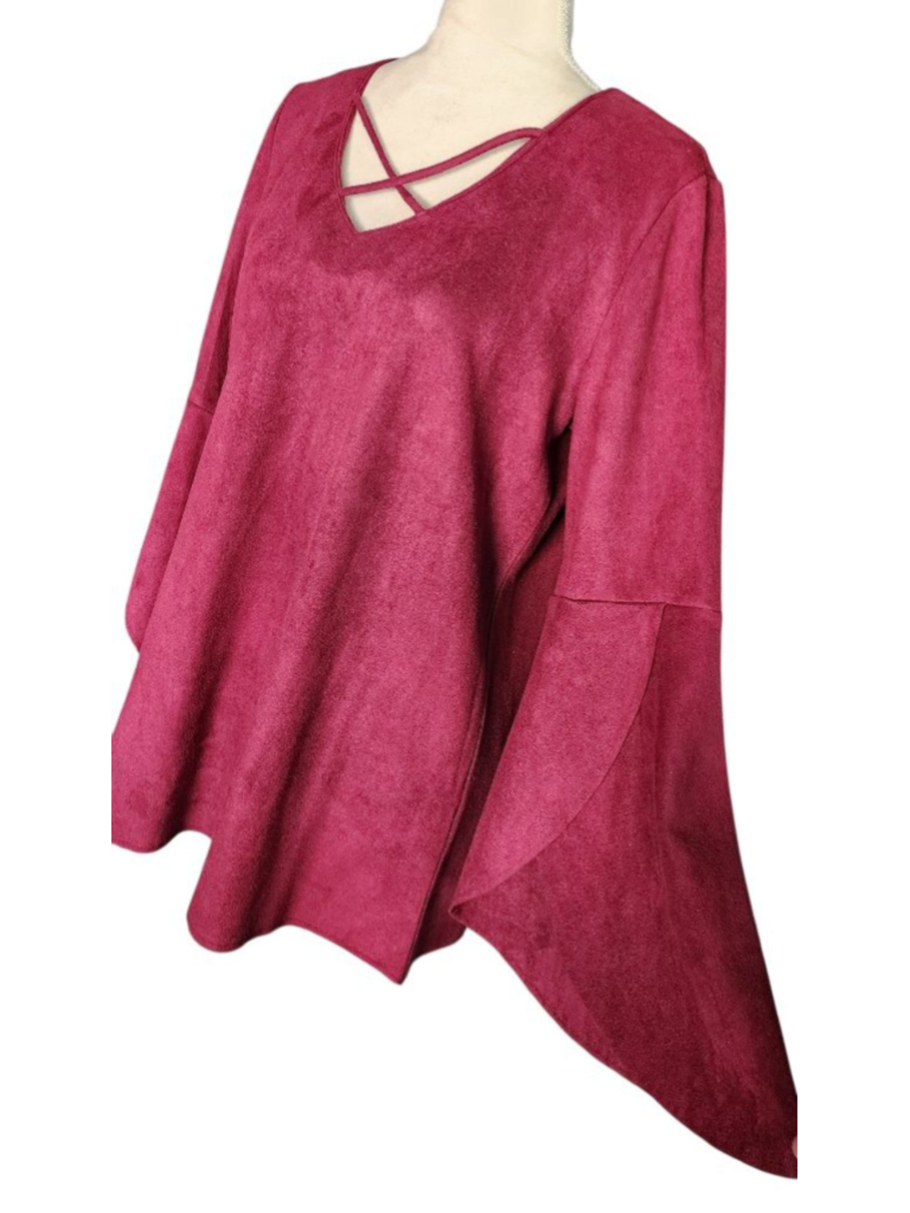 Joh Womens Burgundy Faux Suede Bell Sleeve Tunic Top M Keyhole Crisscross Blouse